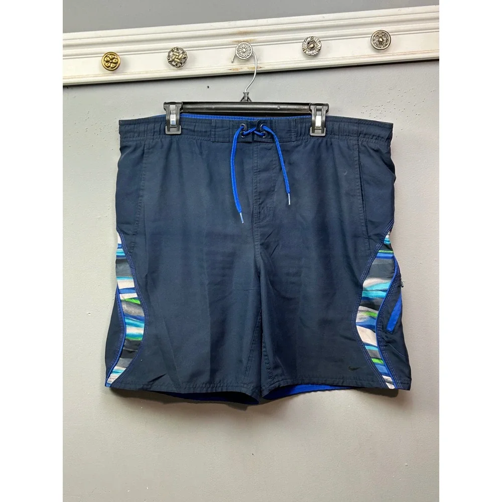 Nike Mens Swim Trunks Navy Blue Abstract Side Stripe Board Shorts Large 8 Inseam